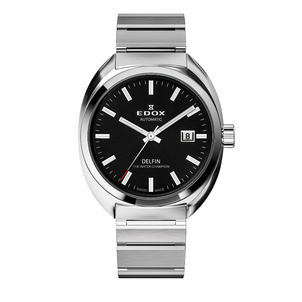 Edox Delfin 1961 Automatic Limited Edition, cadran noir, vue de face sur bracelet acier