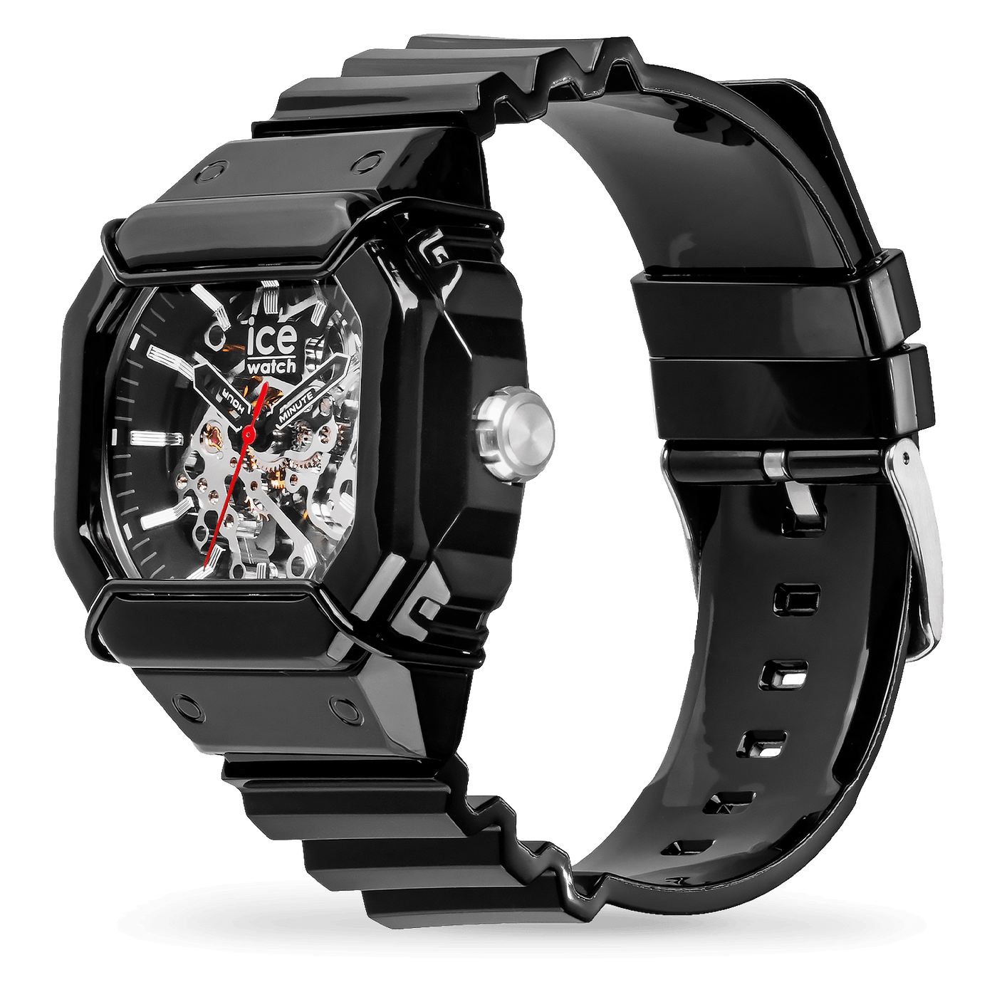 Ice-Watch Bewatch 2 Automatic Black Skeleton, vue de trois quarts avec couronne et mouvement squelette