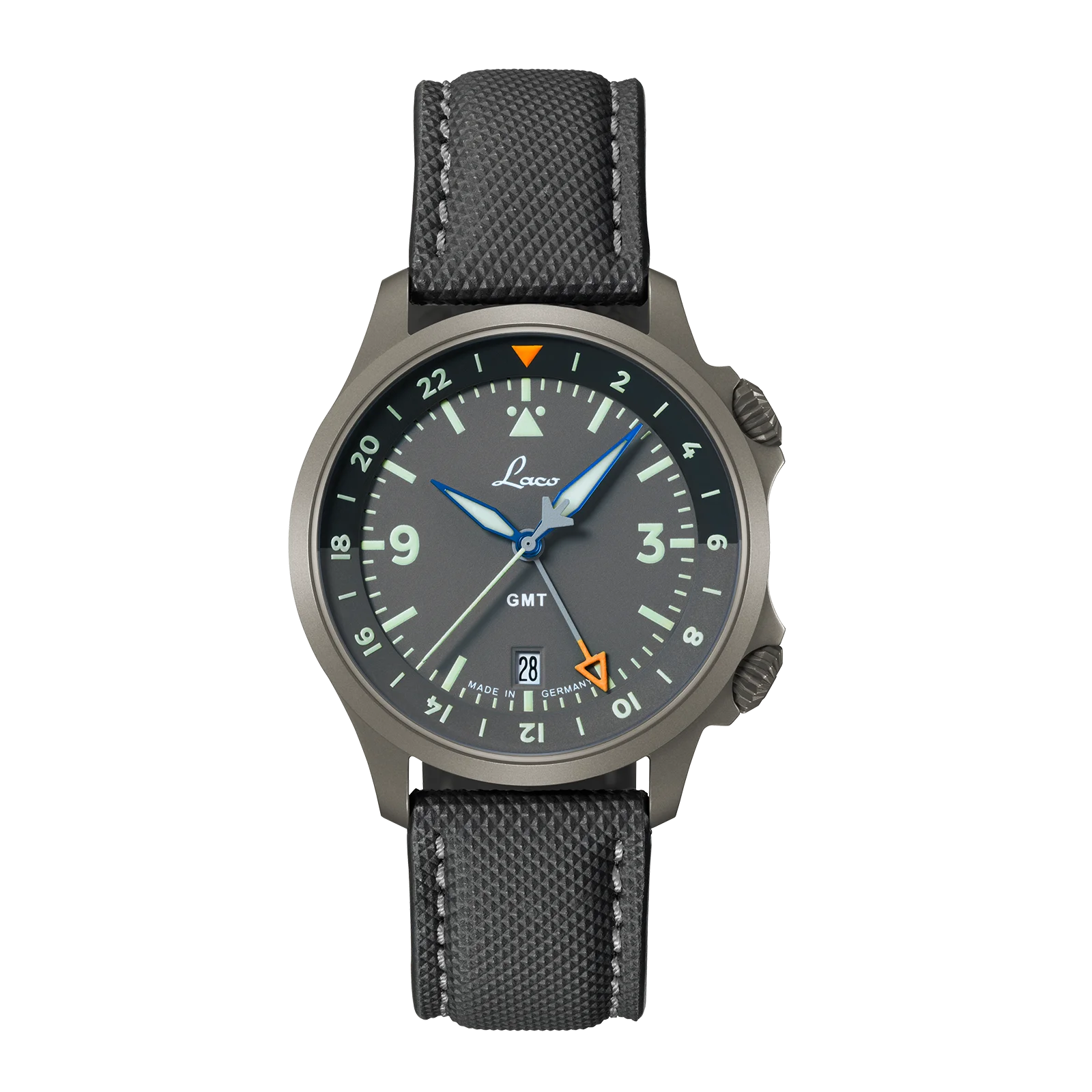 Laco Frankfurt 40 GMT cadran gris, vue de face avec lunette interne 24 heures et double couronne