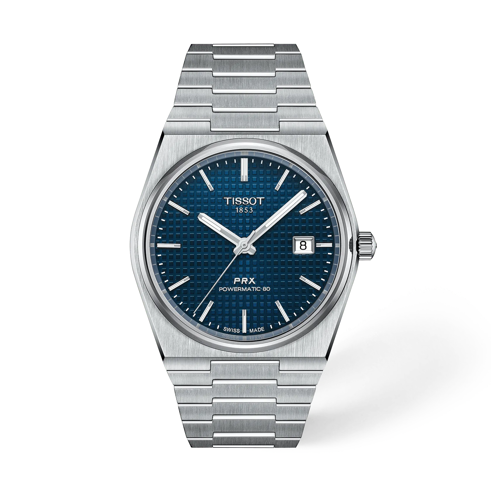 Tissot PRX Powermatic 80, cadran bleu guilloché et boîtier intégré acier